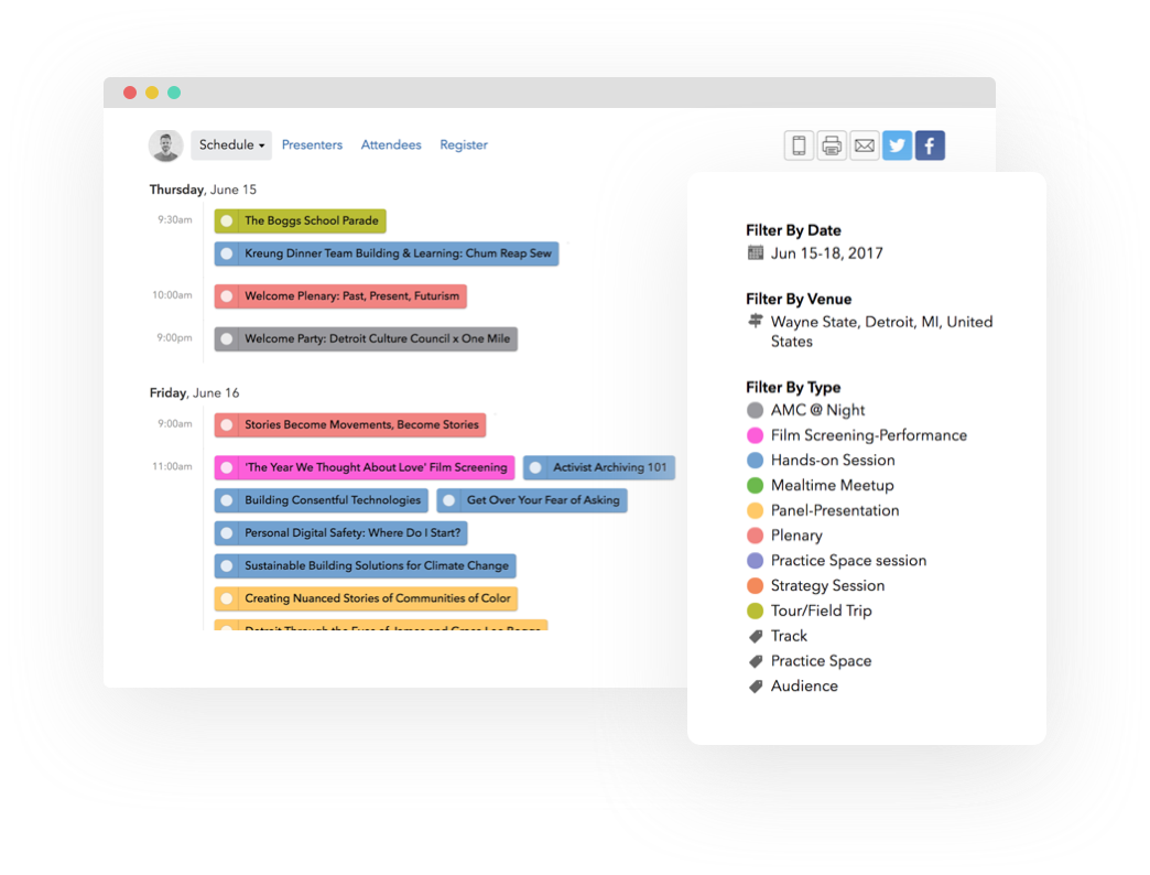 Organize your schedule with tracks, color-coding, and filters